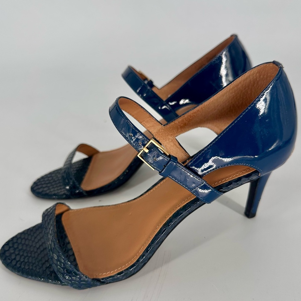 Calvin Klein Luigina 7 M Snake Patent Marine Blue Navy Ankle Strap Open Sandals